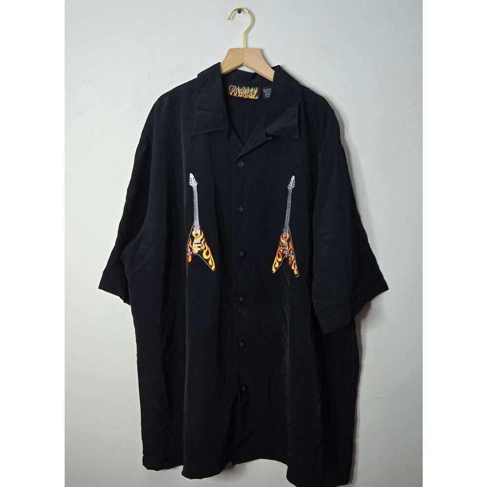 Dragonfly Shirt Men's Button Down Size XXL Black Guitar Flames Hard Rock